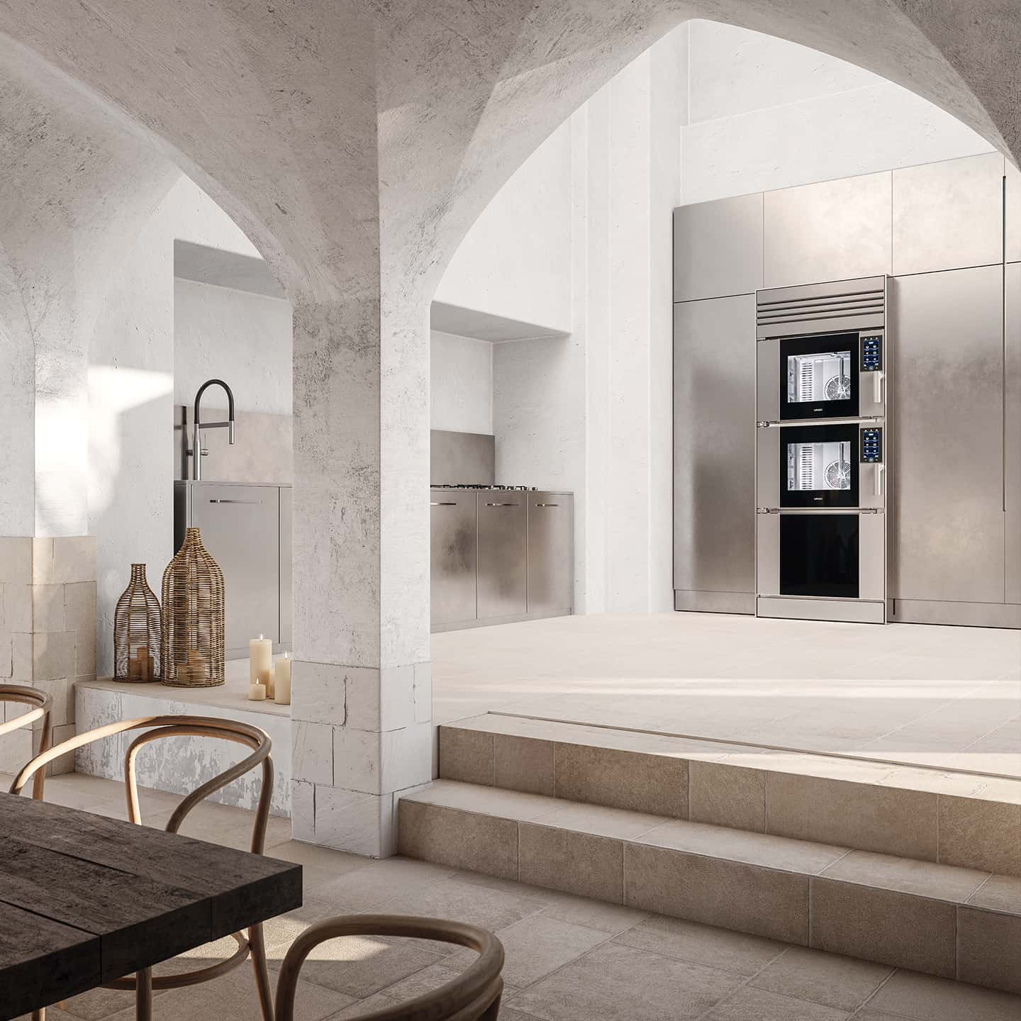 Luxury minimalist kitchen in a farmhouse in Itria Valley, with SuperOven Model 1 smart oven by Unox Casa